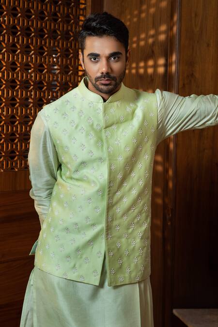 Darshika Menswear Green Silk Chanderi Thread And Pearl Work Bundi Kurta Set Online at Aza Fashions Darshika Menswear_Green Silk Chanderi Thread And Pearl Work Bundi Kurta Set_Online_at_Aza_Fashions