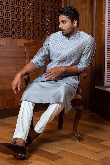 Shop_Darshika Menswear_Blue Cotton Silk French Knots Embroidered Bundi Kurta Set _at_Aza_Fashions