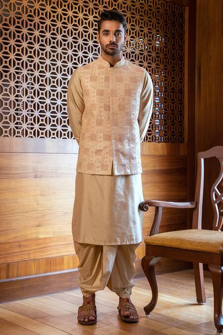 Shop_Darshika Menswear_Beige Cotton Silk Thread Work Embroidered Bundi Dhoti Pant Set _at_Aza_Fashions
