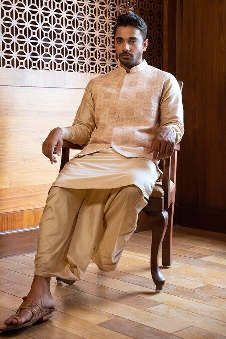 Darshika Menswear_Beige Cotton Silk Thread Work Embroidered Bundi Dhoti Pant Set _Online_at_Aza_Fashions