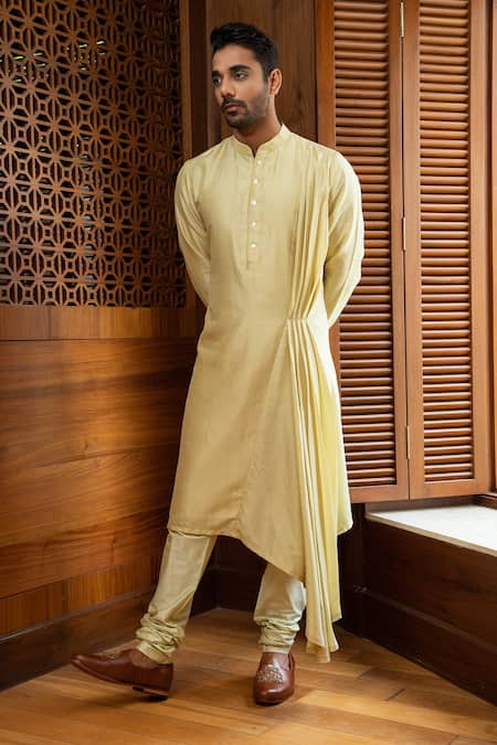 Shop_Darshika Menswear_Green Silk Blend Embroidered Bundi Draped Kurta Set _at_Aza_Fashions