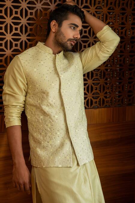 Darshika Menswear_Green Silk Blend Embroidered Bundi Draped Kurta Set _Online_at_Aza_Fashions