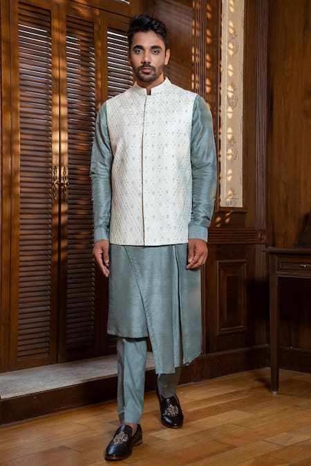 Shop_Darshika Menswear_Blue Silk Blend Embroidered Bundi Asymmetric Kurta Set _at_Aza_Fashions