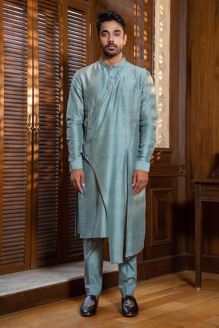 Darshika Menswear_Blue Silk Blend Embroidered Bundi Asymmetric Kurta Set _Online_at_Aza_Fashions
