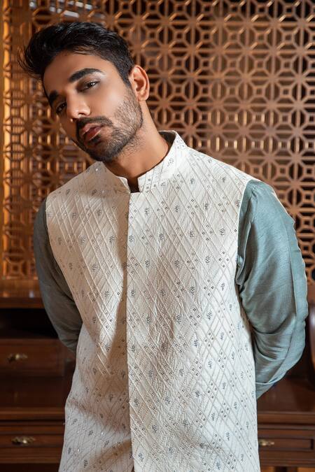 Buy_Darshika Menswear_Blue Silk Blend Embroidered Bundi Asymmetric Kurta Set _Online_at_Aza_Fashions