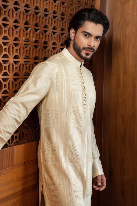 Darshika Menswear_Beige Cotton Silk Pintuck Kurta Set _Online_at_Aza_Fashions