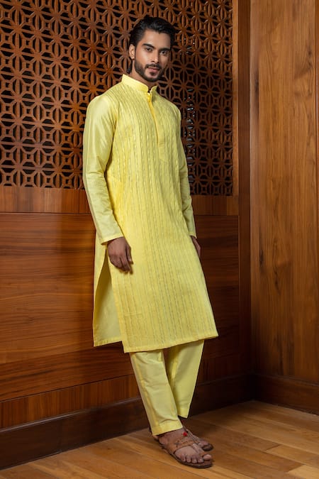 Shop Darshika Menswear Yellow Cotton Silk Pintuck Kurta Set at Aza Fashions Shop_Darshika Menswear_Yellow Cotton Silk Pintuck Kurta Set _at_Aza_Fashions