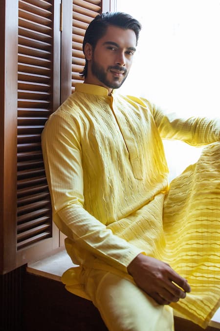 Darshika Menswear Yellow Cotton Silk Pintuck Kurta Set Online at Aza Fashions Darshika Menswear_Yellow Cotton Silk Pintuck Kurta Set _Online_at_Aza_Fashions