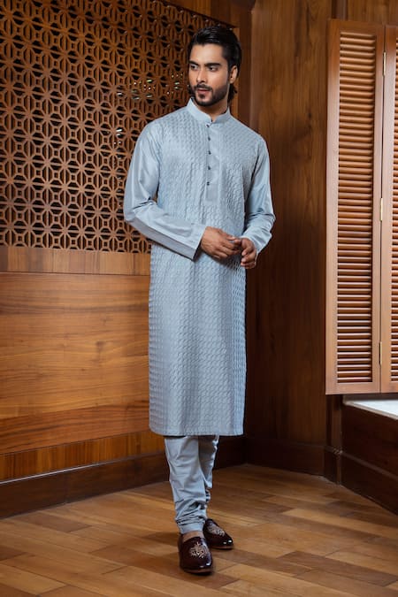 Shop Darshika Menswear Blue Cotton Silk Shell Tucks Kurta Set at Aza Fashions Shop_Darshika Menswear_Blue Cotton Silk Shell Tucks Kurta Set _at_Aza_Fashions