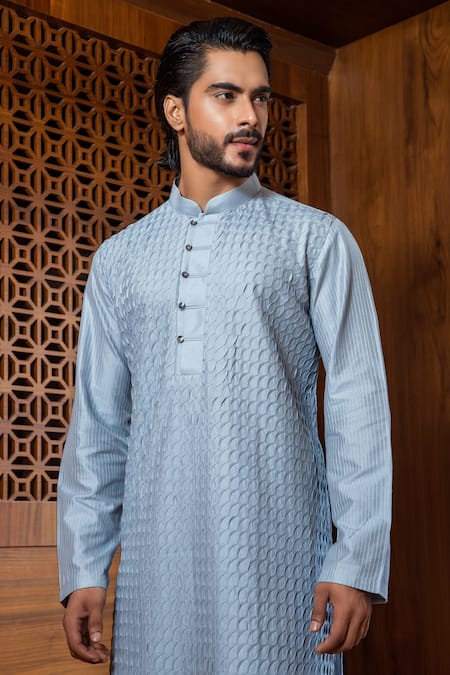 Darshika Menswear Blue Cotton Silk Shell Tucks Kurta Set Online at Aza Fashions Darshika Menswear_Blue Cotton Silk Shell Tucks Kurta Set _Online_at_Aza_Fashions