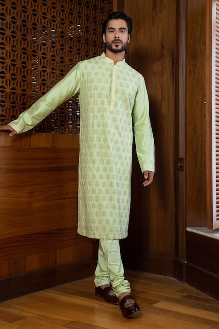 Darshika Menswear Green Cotton Silk Embroidered Geometric And Floral Motifs Kurta Set 