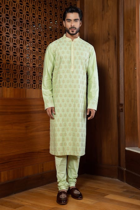 Shop_Darshika Menswear_Green Cotton Silk Geometric And Floral Motifs Embroidered Kurta Set _at_Aza_Fashions