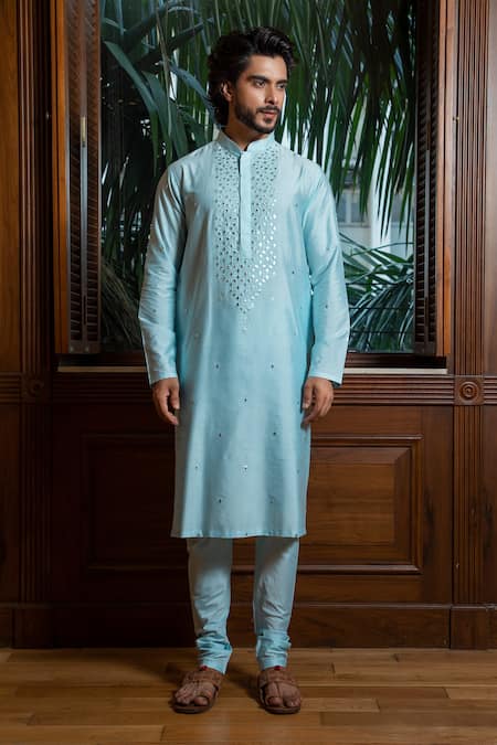 Shop_Darshika Menswear_Blue Cotton Silk Leather Work Kurta Set _at_Aza_Fashions