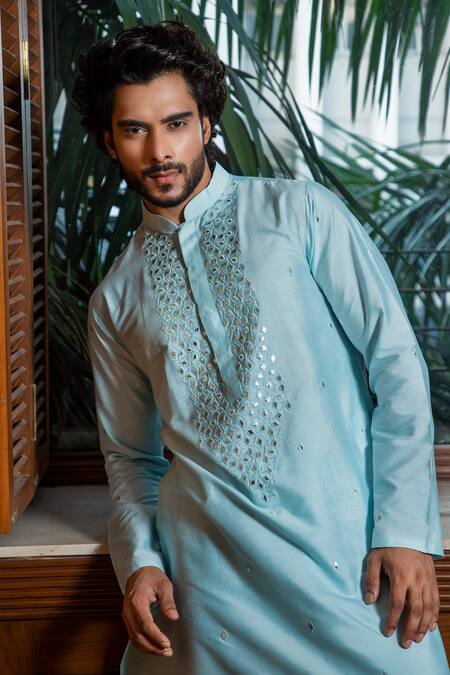 Darshika Menswear_Blue Cotton Silk Leather Work Kurta Set _Online_at_Aza_Fashions