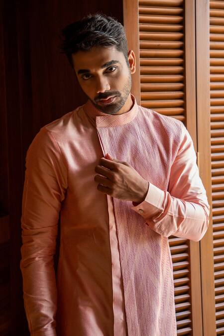 Darshika Menswear Peach Cotton Silk Pintucks Asymmetric Kurta Set Online at Aza Fashions Darshika Menswear_Peach Cotton Silk Pintucks Asymmetric Kurta Set _Online_at_Aza_Fashions