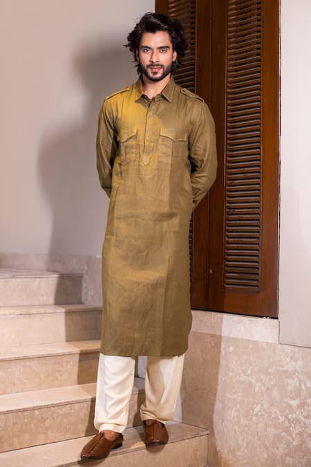 Darshika Menswear Green Linen Plain Pathani Kurta Set 