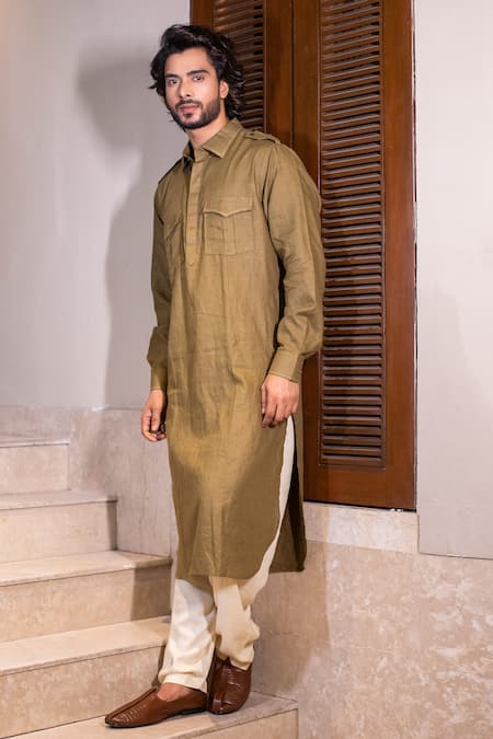 Shop Darshika Menswear Green Linen Pathani Kurta Set at Aza Fashions Shop_Darshika Menswear_Green Linen Pathani Kurta Set _at_Aza_Fashions