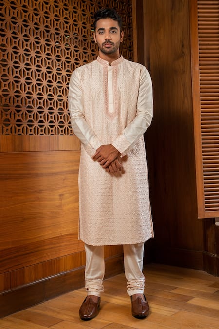 Shop_Darshika Menswear_Pink Cotton Silk Jaal Work Embroidered Kurta Set _at_Aza_Fashions
