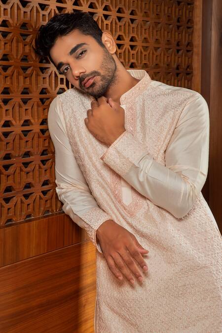 Darshika Menswear_Pink Cotton Silk Jaal Work Embroidered Kurta Set _Online_at_Aza_Fashions