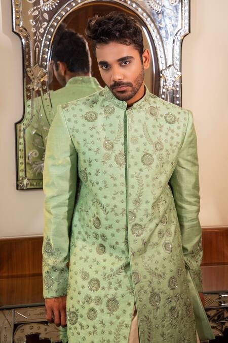 Darshika Menswear_Green Silk Thread, Pearl And Sequin Work Embroidered Sherwani Kurta Set _Online_at_Aza_Fashions