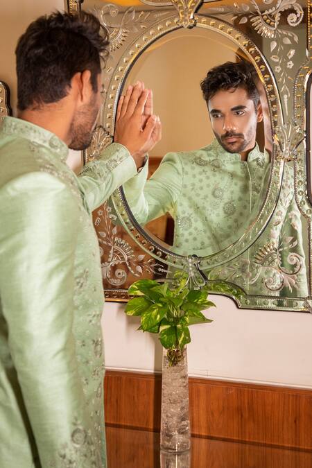 Buy_Darshika Menswear_Green Silk Thread, Pearl And Sequin Work Embroidered Sherwani Kurta Set _Online_at_Aza_Fashions