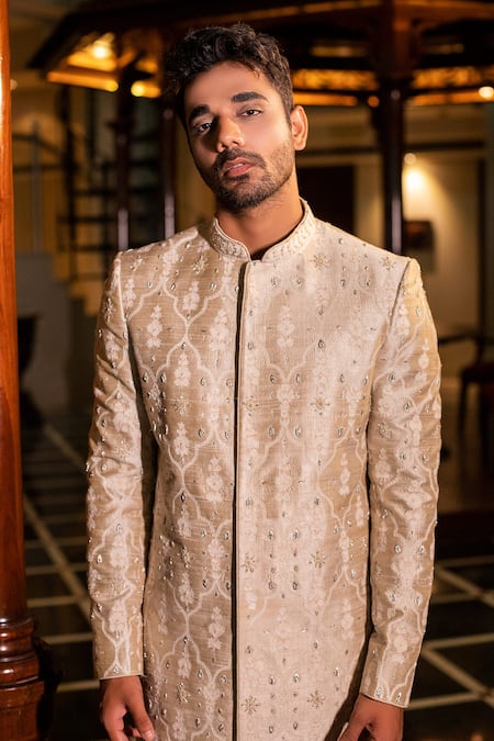 Darshika Menswear Raw Silk Embroidered Sherwani Set 