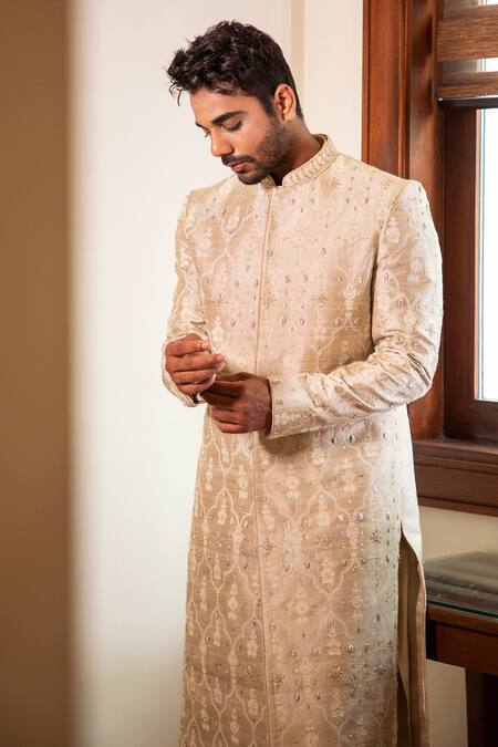 Darshika Menswear Beige Raw Silk Embroidered Sherwani Set Online at Aza Fashions Darshika Menswear_Beige Raw Silk Embroidered Sherwani Set _Online_at_Aza_Fashions