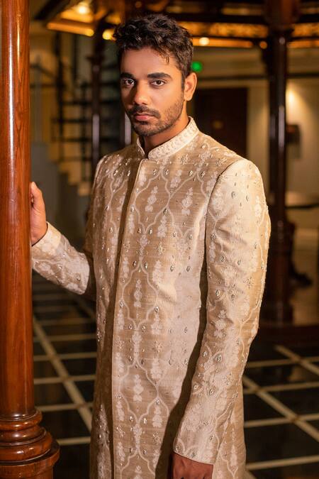 Buy Darshika Menswear Beige Raw Silk Embroidered Sherwani Set Online at Aza Fashions Buy_Darshika Menswear_Beige Raw Silk Embroidered Sherwani Set _Online_at_Aza_Fashions
