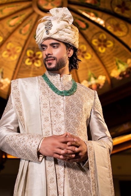 Darshika Menswear_Beige Raw Silk Thread And Sequin Work Embroidered Sherwani Set With Dupatta _Online_at_Aza_Fashions