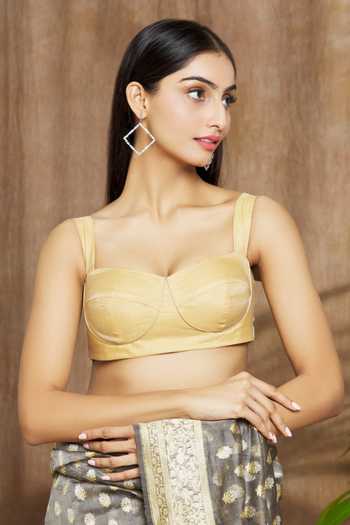Buy_Shimai Jayachandra_Gold Silk Plain V Neck Bustier _Online_at_Aza_Fashions