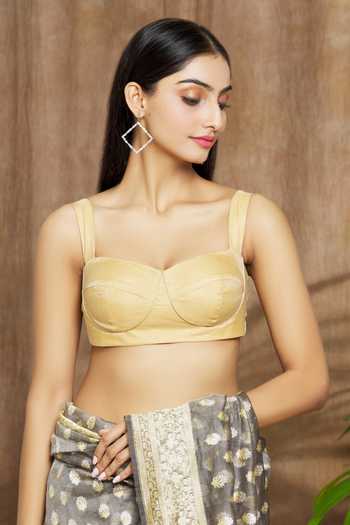 Shop_Shimai Jayachandra_Gold Silk Plain V Neck Bustier _Online_at_Aza_Fashions