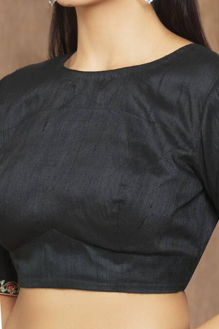 Shimai Jayachandra_Black Degummed Raw Silk Floral Round Neck Blouse_at_Aza_Fashions