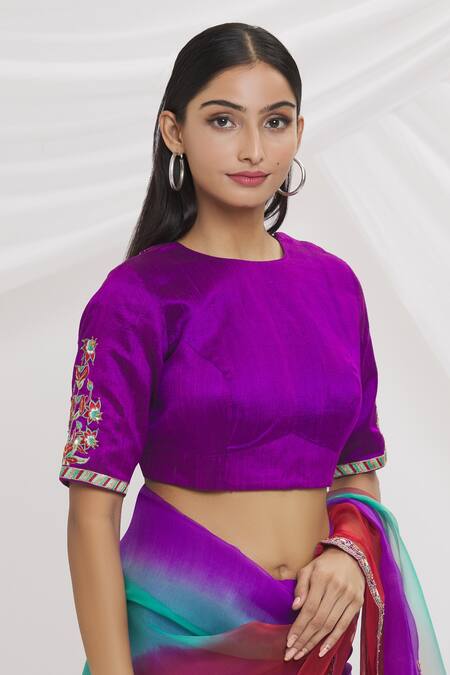 Buy_Shimai Jayachandra_Purple Degummed Raw Silk Floral, Aari, Bead, Zari Sleeve Embroidered Blouse _Online_at_Aza_Fashions