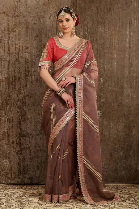 Best embroidered cream color dola silk saree with a maroon blouse