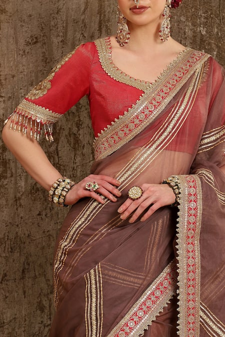 Traditional Maroon Silk Saree With Grey Blouse || Rooprekha – rooprekha