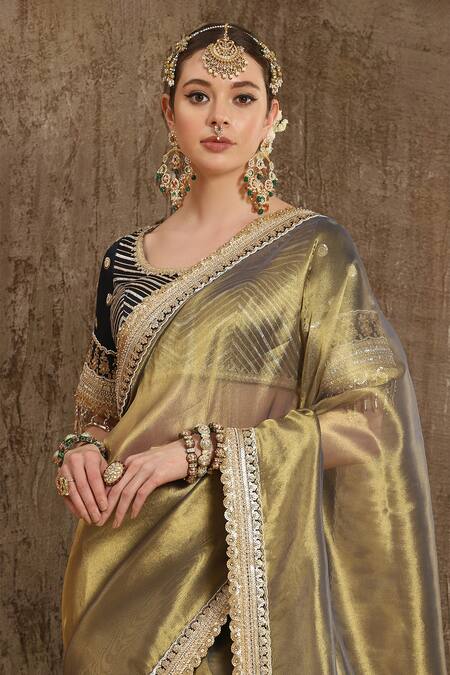 Shikhar Sharma_Gold Blouse Raw Silk, Lining Taffeta Silk, Saree Metallic Woven Shimmer With _Online_at_Aza_Fashions