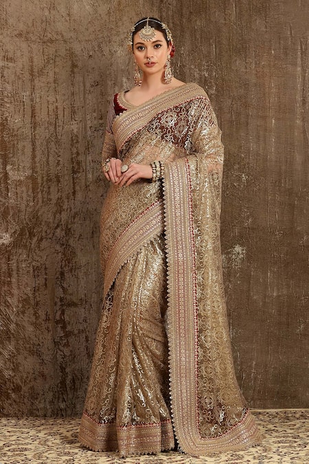 SHIKHAR SHARMA Gold Saree Net Embroidered And Embellished Gota Leaf Neck Floral With Blouse 