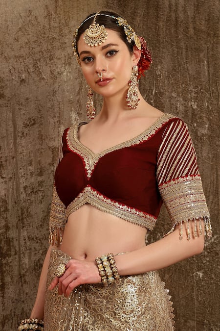 Shikhar Sharma_Gold Blouse Silk Chanderi, Lining Taffeta Silk, Floral Embroidered With _Online_at_Aza_Fashions