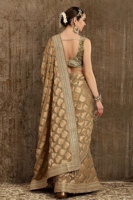 Shop Shikhar Sharma Green Blouse Velvet, Lining Taffeta Silk, Saree Ornamental Woven With at Aza Fashions Shop_Shikhar Sharma_Green Blouse Velvet, Lining Taffeta Silk, Saree Ornamental Woven With _at_Aza_Fashions