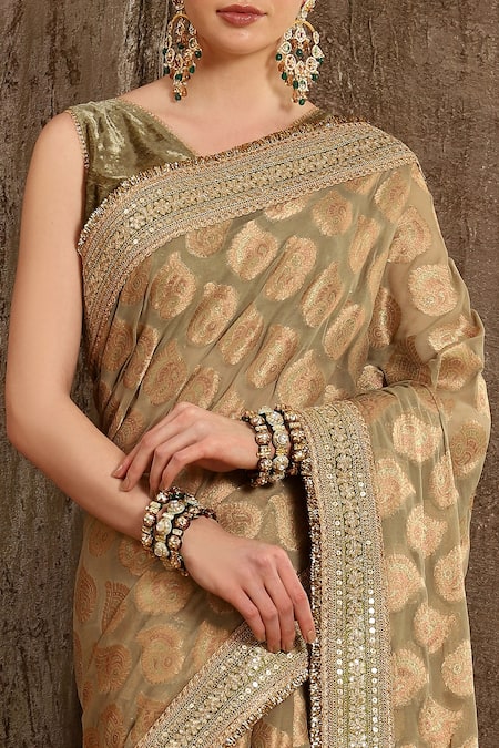 Buy Shikhar Sharma Green Blouse Velvet, Lining Taffeta Silk, Saree Ornamental Woven With Online at Aza Fashions Buy_Shikhar Sharma_Green Blouse Velvet, Lining Taffeta Silk, Saree Ornamental Woven With _Online_at_Aza_Fashions