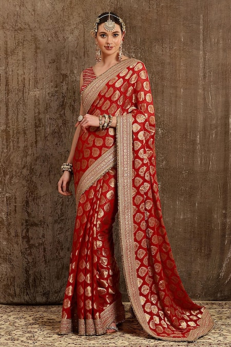 SHIKHAR SHARMA Red Saree Georgette Embroidered And Embellished Ornamental Woven With Blouse 