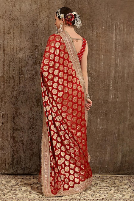 Shop_Shikhar Sharma_Red Blouse Silk Chanderi, Lining Taffeta Silk, Saree Ornamental Woven With _at_Aza_Fashions