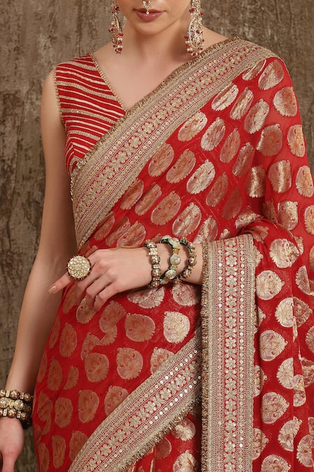 Buy_Shikhar Sharma_Red Blouse Silk Chanderi, Lining Taffeta Silk, Saree Ornamental Woven With _Online_at_Aza_Fashions