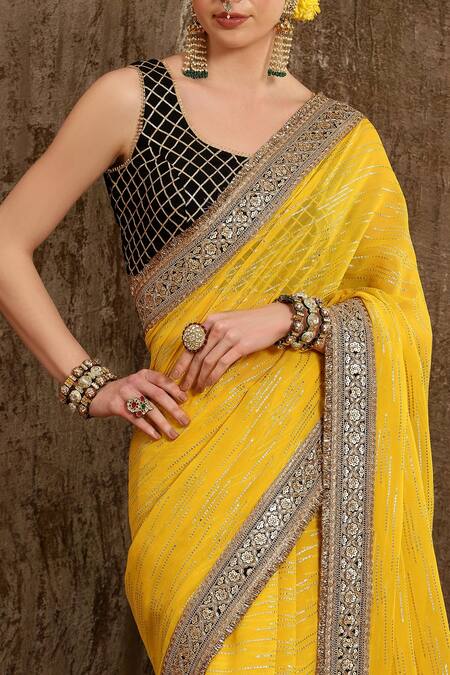 Buy_Shikhar Sharma_Yellow Georgette And Silk Chanderi Lining Taffeta Embroidered Saree With Blouse _Online_at_Aza_Fashions
