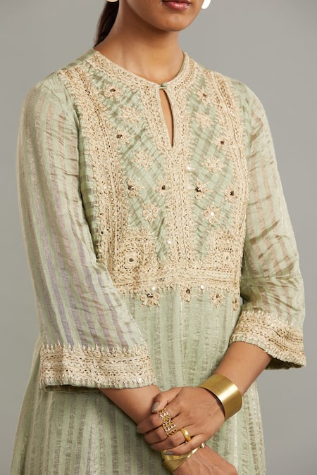 Myoho_Green Banarasi Kathiawadi Work Keyhole Embroidered Anarkali Set _Online_at_Aza_Fashions