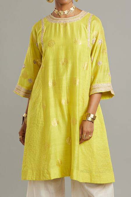 Myoho Yellow Banarasi Kathiawadi Work Round Embroidered Kurta And Pant Set Online at Aza Fashions Myoho_Yellow Banarasi Kathiawadi Work Round Embroidered Kurta And Pant Set _Online_at_Aza_Fashions
