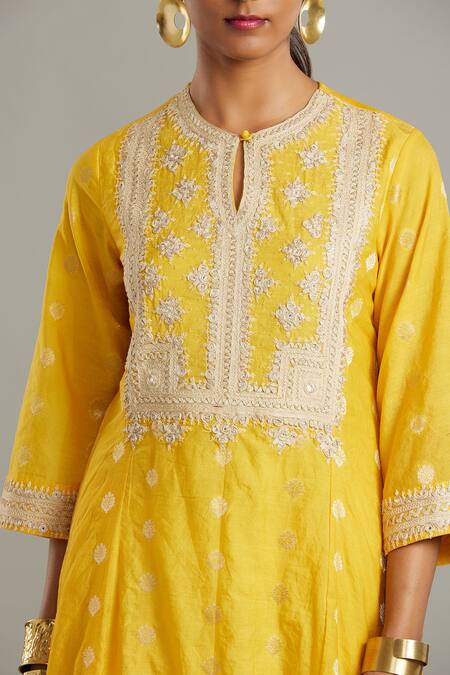 Myoho_Yellow Banarasi Kathiawadi Work Keyhole Embroidered Anarkali And Dupatta _Online_at_Aza_Fashions