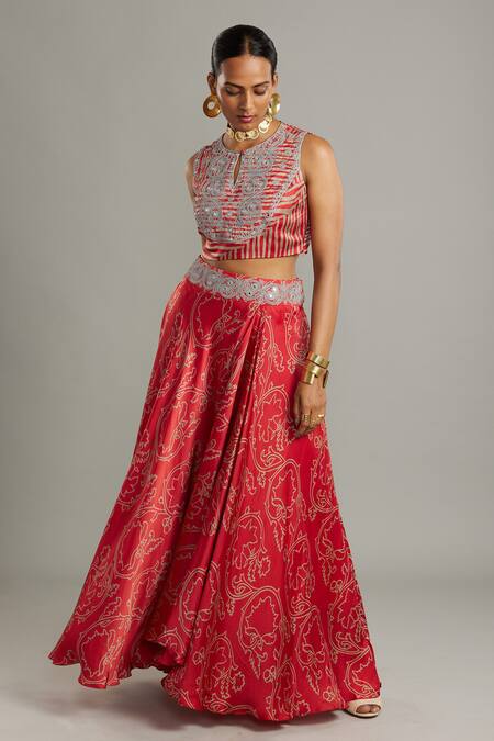 Myoho_Red Bamberg Satin Creeper Plant Print And Thread Work Blouse Scoop Lehenga Set_Online_at_Aza_Fashions