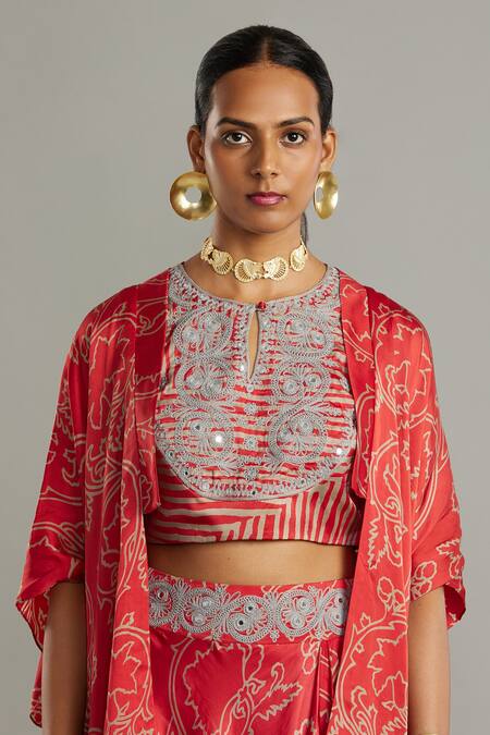 Buy_Myoho_Red Bamberg Satin Creeper Plant Print And Thread Work Blouse Scoop Lehenga Set_Online_at_Aza_Fashions