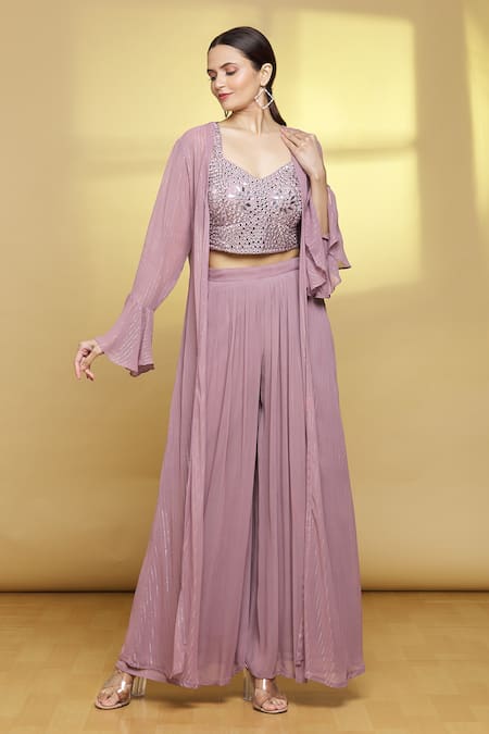 Samyukta Singhania Purple Crop Top Flared Sleeve Jacket And Palazzo Set 